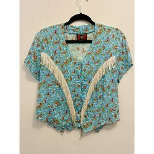 Vintage Roper Sz L Turquoise Desert Print Western Open Back w/ Fringe Five Star